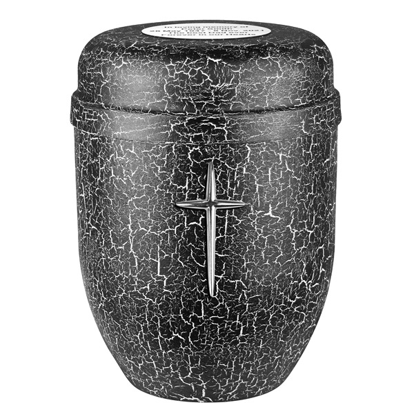 czarna urna, czarna urna artystyczna, urna pogrzebowa malowana na kolor czarny metodą decoupage, czarna urna z krzyżem, urna na prochy
