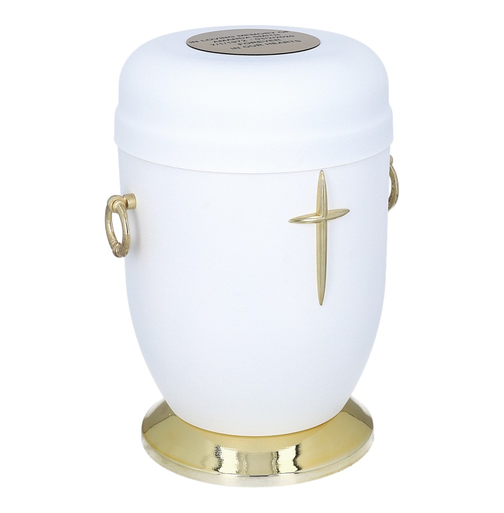 Biała urna dla osoby dorosłej z krzyżem