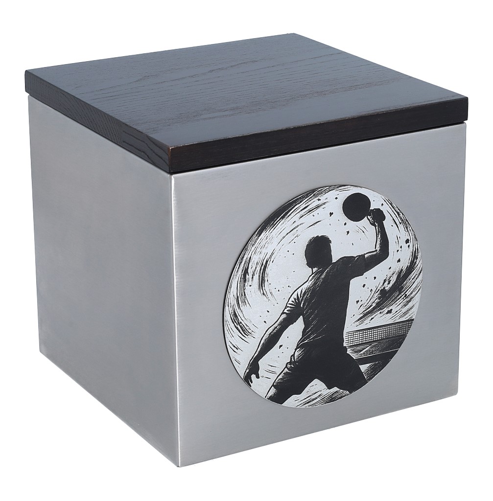 Nowoczesna urna dla gracza tenisa stołowego, urna na prochy z grawerem ping-ponga i elegancką drewnianą pokrywą