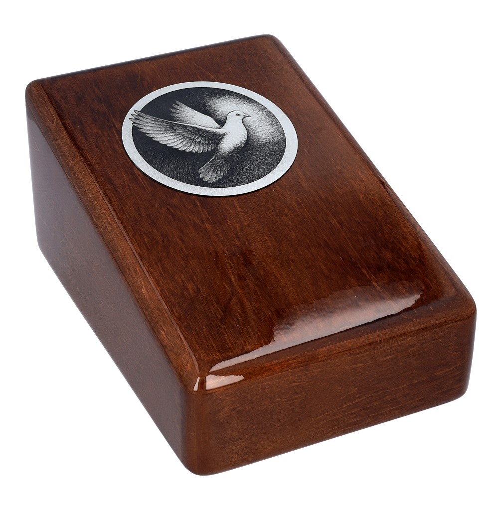 Drewniana urna kremacyjna z okrągłym grawerem gołębia – bez personalizacji, elegancki i prosty design