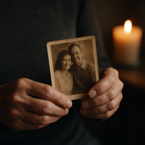 Rola wspomnień w procesie żałoby. Starsze dłonie delikatnie trzymające starą sepia fotografię pary; w tle miękko rozmyta świeca i ciepłe, stonowane tło