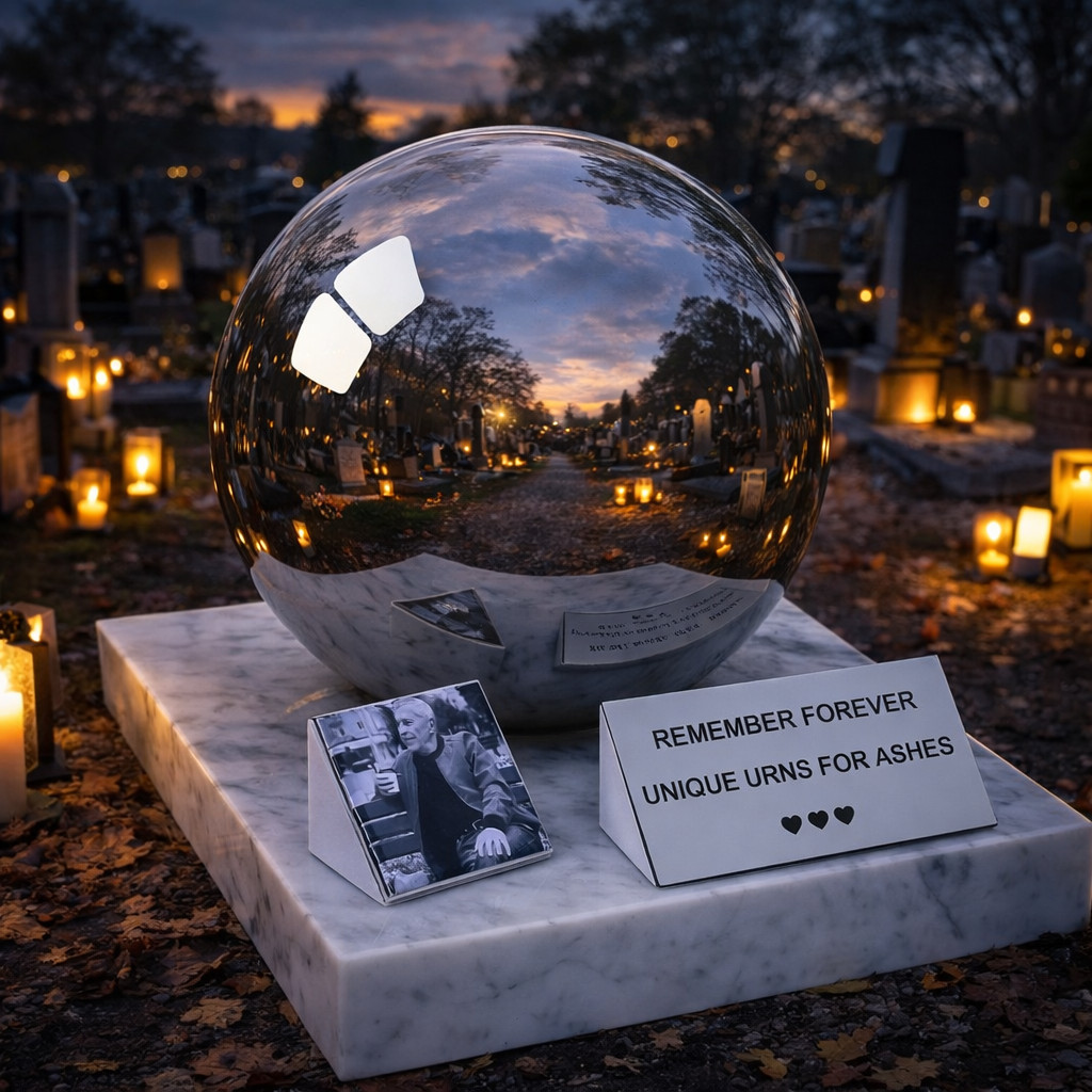 Urna pogrzebowa z fotografią w formie kuli na marmurowej podstawie