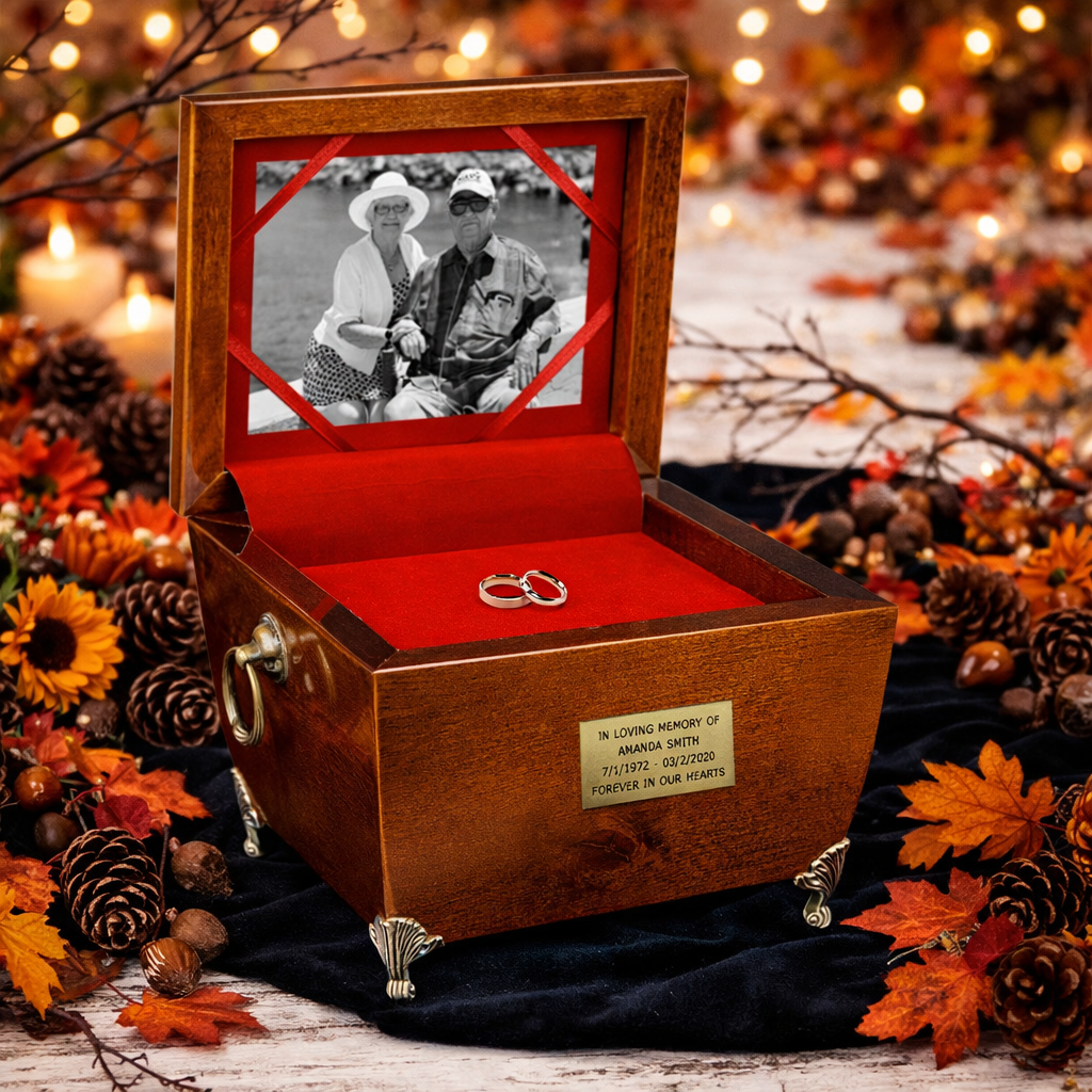Czy można włożyć coś do urny z prochami? Drewniana szkatułka pamięci z czerwoną wyściółką, w środku obrączki i czarno-biała fotografia pary; wokół jesienne liście i świece.