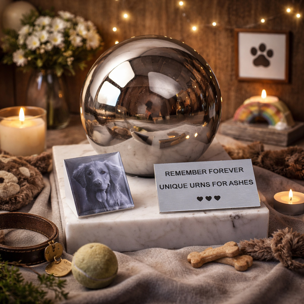 Urna ze zdjęciem psa z marmurową podstawą i stalową kulą w nastrojowym miejscu pamięci