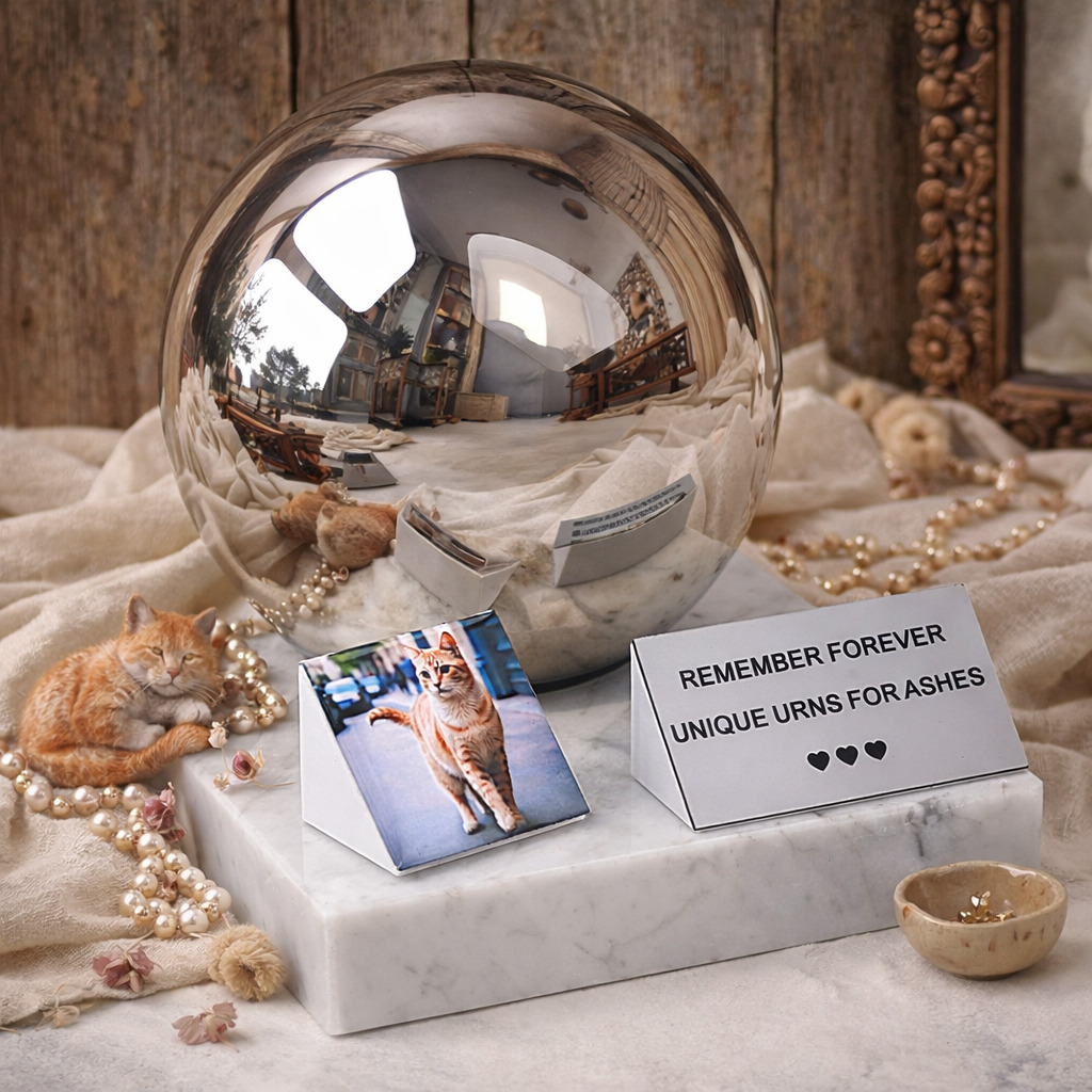 Urna ze zdjęciem kota w rustykalnej aranżacji wnętrza z marmurową podstawą i stalową kulą