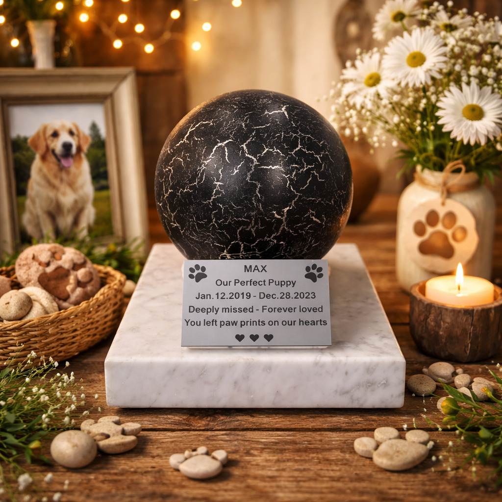 Urna dla psa z grawerem na marmurowej podstawie i czarną kulą ze stali nierdzewnej w rustykalnym miejscu pamięci