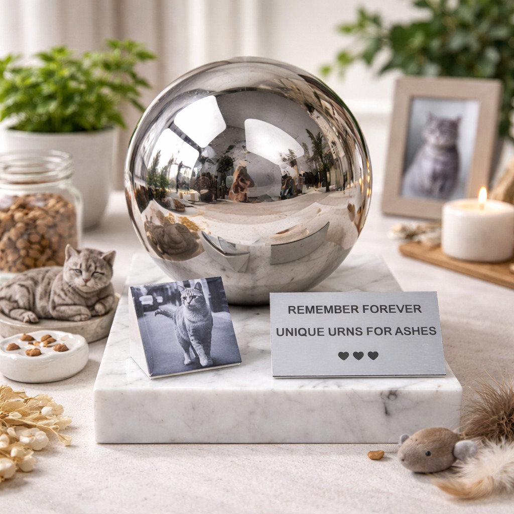 Nowoczesna urna dla kota ze zdjęciem w domowym miejscu pamięci z marmurową podstawą